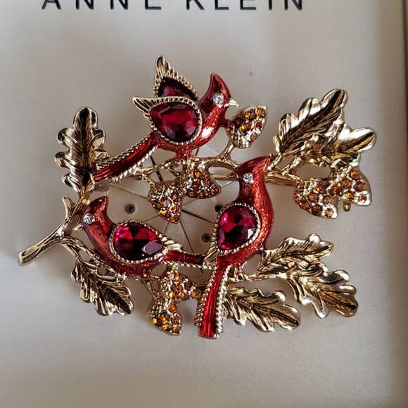Anne Klein Birds on a Branch Brooch Gold Tone Red Clear and Gold‎ Crystals NWT - Picture 6 of 6
